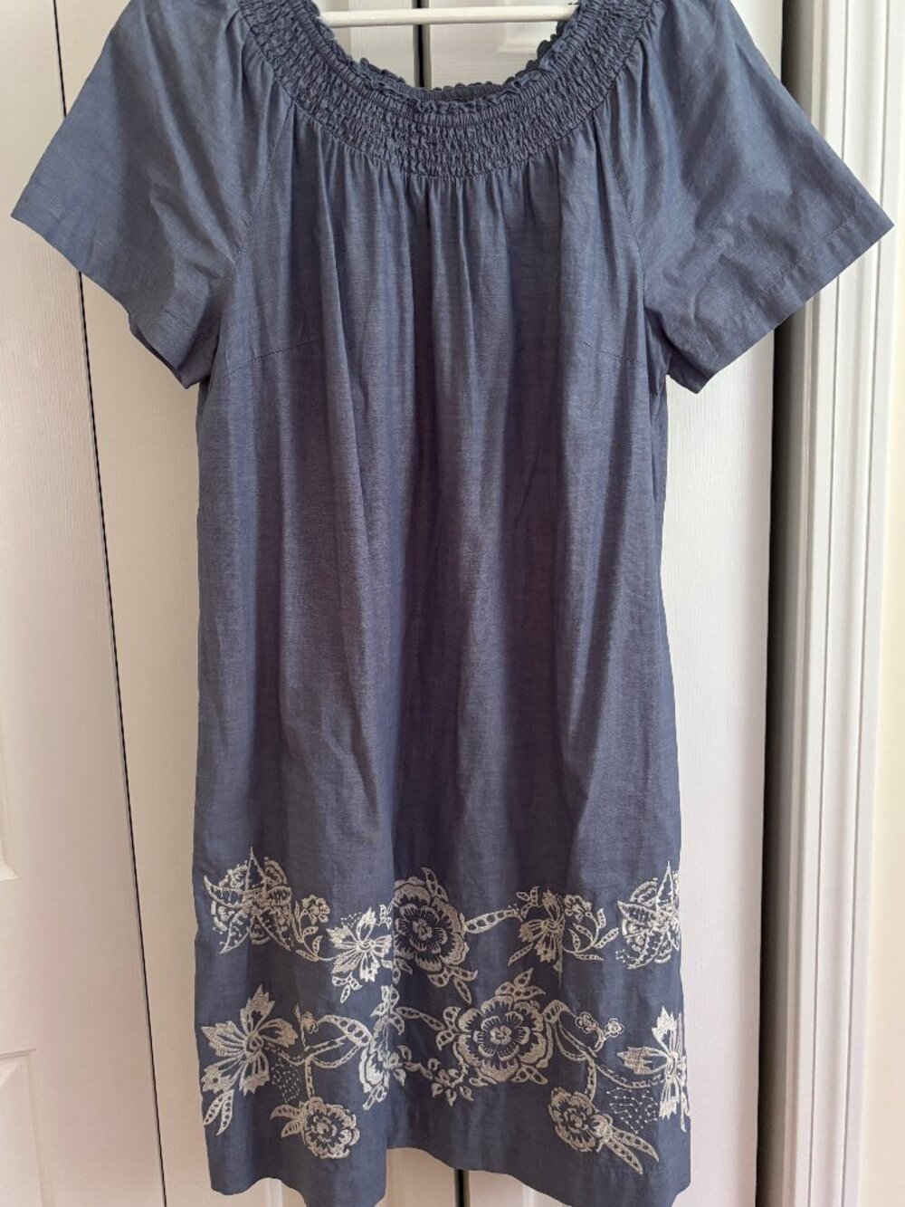 100% Cotton Talbots Embroidered Chambray Summer Dress, Off/On Shoulder, Size 14